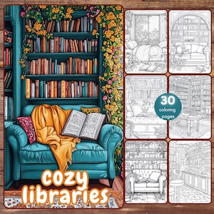 30 Cozy Libraries Coloring Book, Grayscale Library Coloring Pages for Adults, Reading Corners, Bookworms, PNG, Procreate, Printable PDF