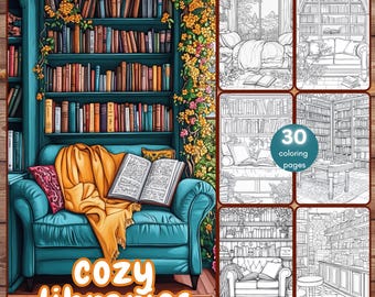 30 Cozy Libraries Coloring Book, Grayscale Library Coloring Pages for Adults, Reading Corners, Bookworms, PNG, Procreate, Printable PDF