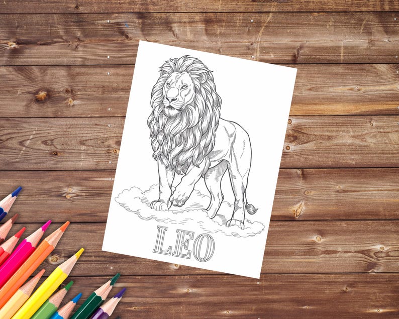 May include: A black and white line drawing of a lion standing on a cloud with the word "LEO" written below it.