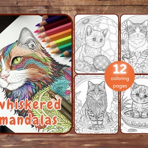 Cat Mandala Coloring Book, Animal Mandala, Cats Coloring, Adult & Kid Coloring Pages, Printable Instant Download, 12 pages