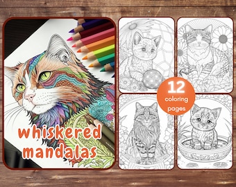 Kattenmandala kleurboek, dierenmandala, katten kleurplaten, kleurplaten voor volwassenen en kinderen, afdrukbare instant download, 12 pagina's