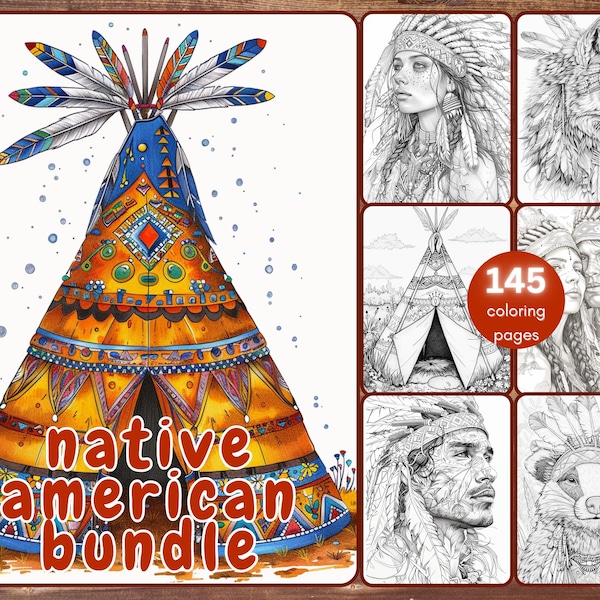 Libro para colorear de 145 nativos americanos, páginas para colorear en escala de grises sobre la cultura nativa americana para adultos, tipi, plumas, mujer, PDF imprimible