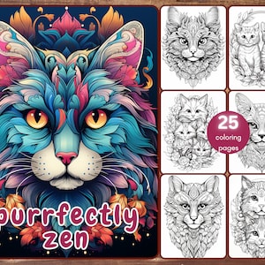25 Mandala Style Cat Coloring Book, Grayscale Printable Cats and Flowers, Cats Kittens Coloring for Kids and Adults, Cute Coloring Book