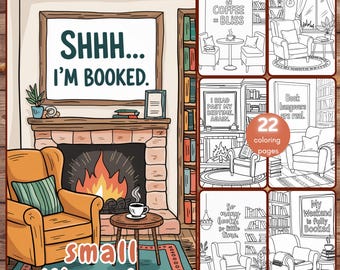 22 Small Libraries Coloring Book, Easy Clean Bookstore Library Coloring Pages for Adults Teens, Booklovers, Procreate, PNG, Printable PDF