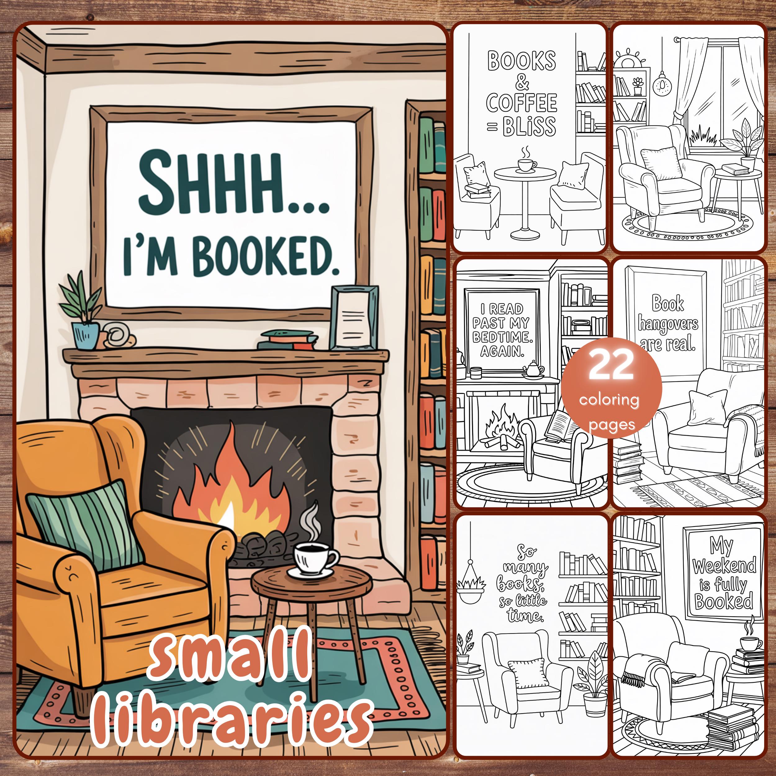 22 Pequenas Bibliotecas – Livro de colorir fácil: livrarias e cantinhos de leitura aconchegantes para adultos, jovens e amantes de livros – PDF + PNG para imprimir, compatível com Procreate