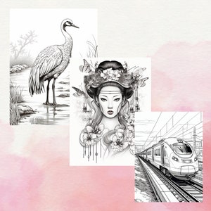 May include: A black and white illustration of a crane standing in a pond. The crane has a long neck and long legs. The illustration is surrounded by a white border.