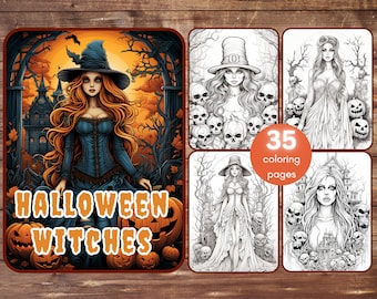 35 Halloween Witches Coloring Book, Gothic Women Coloring, Printable Pumpkin Witch Girls, Grayscale Halloween Coloring Book for Adults