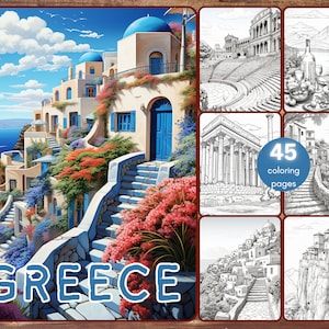 45 Greece Coloring Book, Grayscale Santorini Coloring Pages for Adults, Athens Mykonos, Greek Food, Travel Destinations, Zeus, Printable PDF