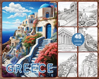 45 Greece Coloring Book, Grayscale Santorini Coloring Pages for Adults, Athens Mykonos, Greek Food, Travel Destinations, Zeus, Printable PDF