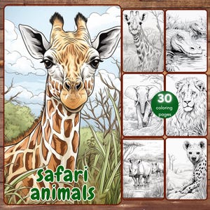 30 種類のサファリ動物のぬり絵、グレースケール印刷可能な PDF 大人と子供向けのアフリカの動物のぬり絵ページ、かわいい動物、ジャングル