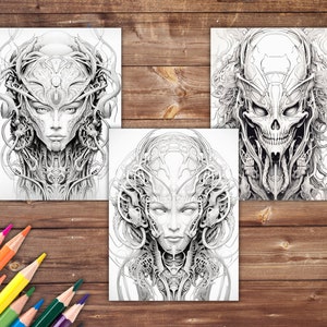 May include: Three black and white line drawings of faces with intricate details. The faces are surrounded by a pattern of lines and shapes. The drawings are on a white background.