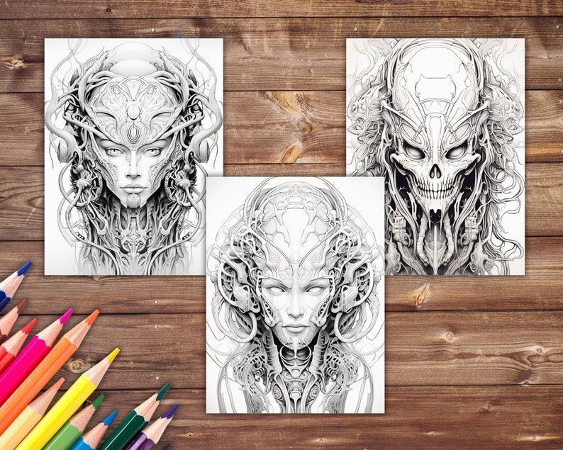 May include: Three black and white line drawings of faces with intricate details. The faces are surrounded by a pattern of lines and shapes. The drawings are on a white background.