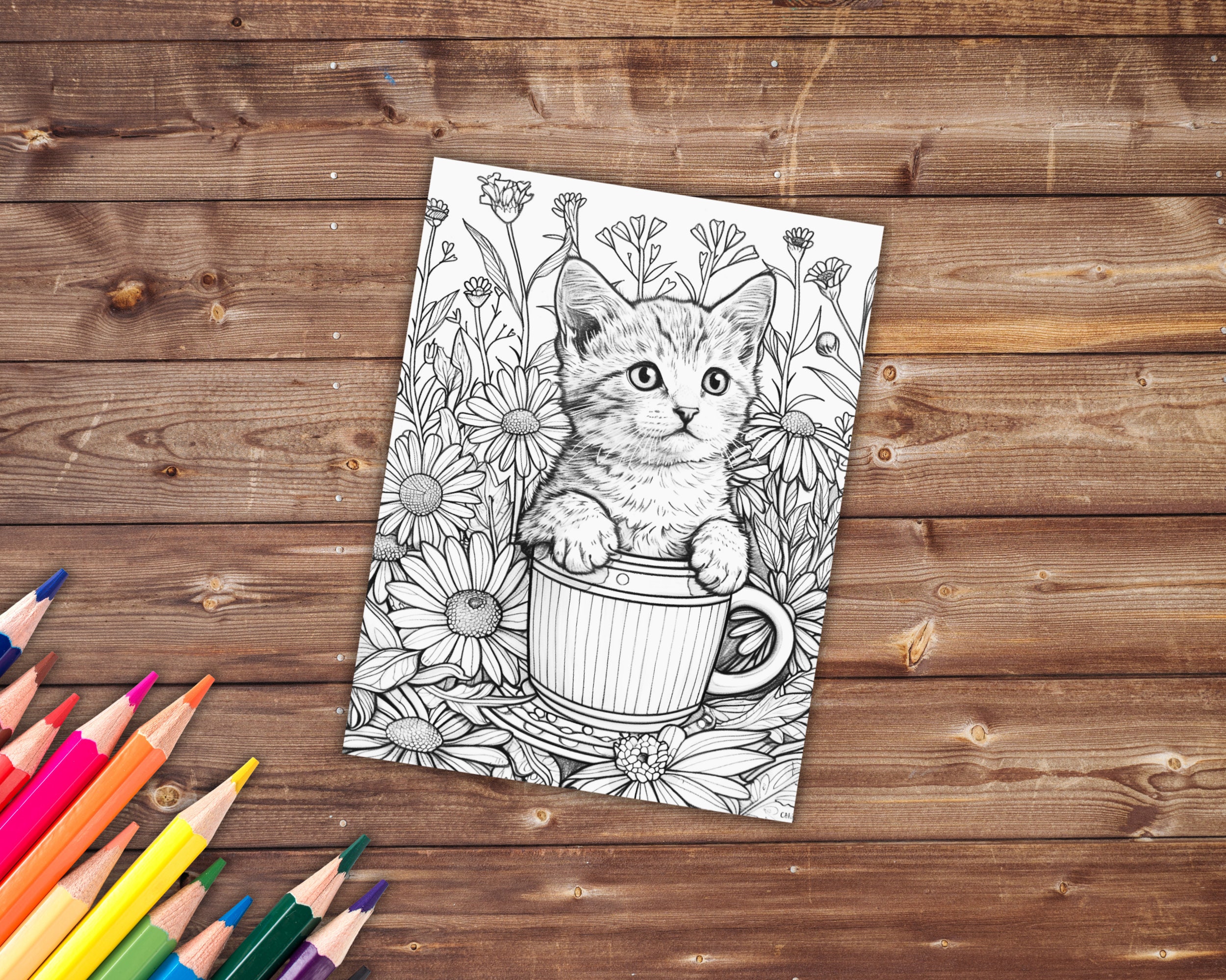 33 Kittens in a Mug Coloring Book, Grayscale Cute Cats Coloring Pages ...