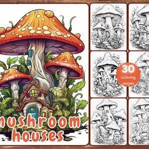 32 Mushroom Houses Coloring Book, Grayscale Fantasy Tree Houses Coloring Pages for adults and kids, Flowers,Instant Download, Printable PDF
