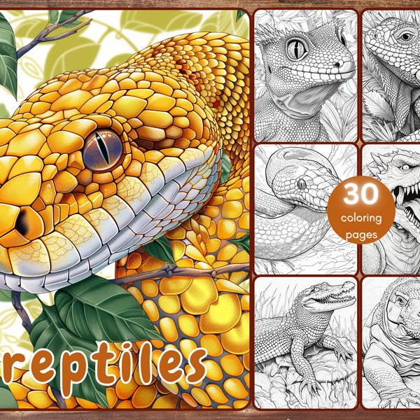 Livre de coloriage 30 reptiles, lézards en niveaux de gris à colorier pour adultes et enfants, serpents, geckos, PDF imprimable, téléchargement immédiat