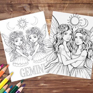 May include: Black and white line art coloring page featuring two fairies with wings, flowers, and a sun and moon design. The text "GEMINI" is at the bottom of the page.