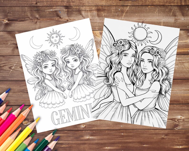 May include: Black and white line art coloring page featuring two fairies with wings, flowers, and a sun and moon design. The text "GEMINI" is at the bottom of the page.