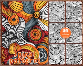 34 Spiral Patterns Coloring Book, Relaxing Patterns for Stress Relief for Adults and Teens, Abstract, Printable PDF, Instant Download