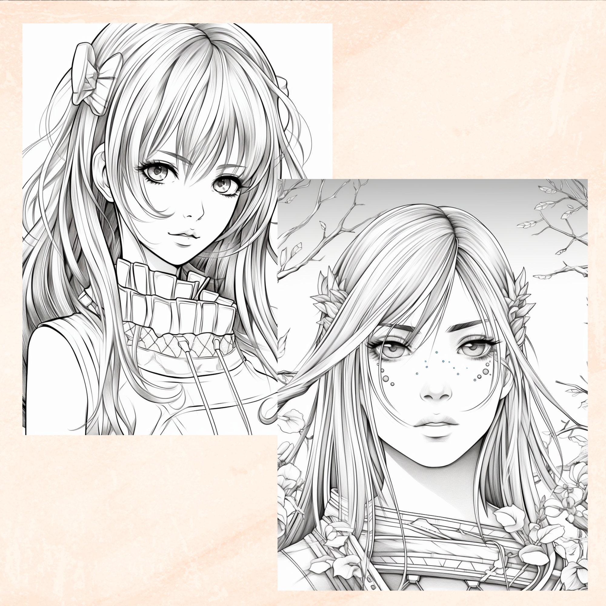 30 Anime Girls Coloring Book, Grayscale Printable Anime Manga Coloring ... image.
