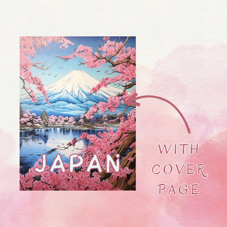 May include: A painting of Mount Fuji with cherry blossoms in the foreground. The text "JAPAN" is written in white letters at the bottom of the painting.