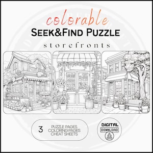 Może przedstawiać: Cyfrowe pobieranie w czerni i bieli z "Seek & Find Puzzle" z witrynami sklepowymi. Obraz zawiera trzy strony puzzli, kolorowanki i arkusze oszustw. Słowo "colorable" jest napisane czerwoną czcionką.