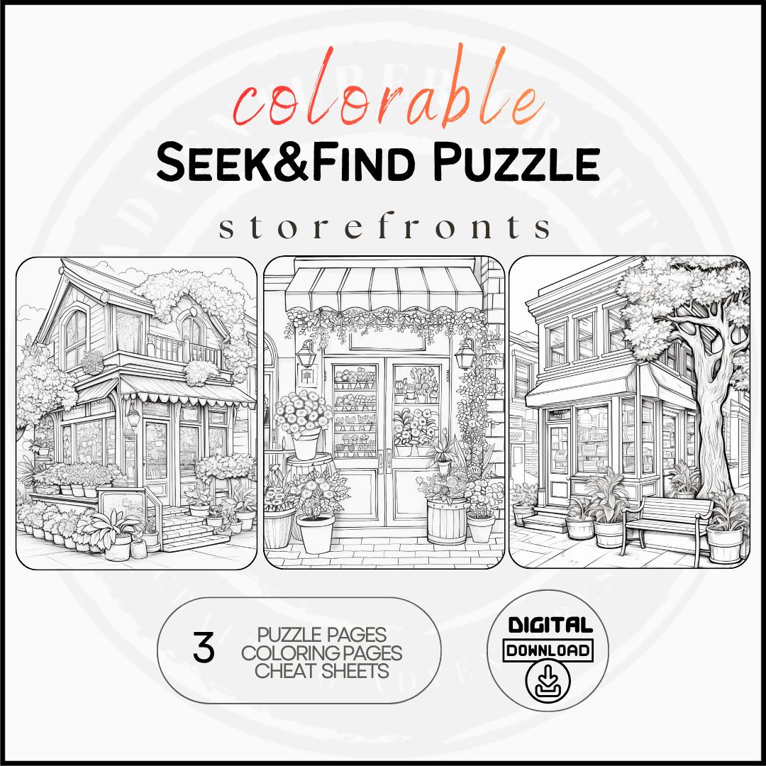Colorable Hidden Objects Puzzle, Printable Seek and Find Game Storefronts, Kids Adults Activity Pages, Relaxing Activity, Instant Download