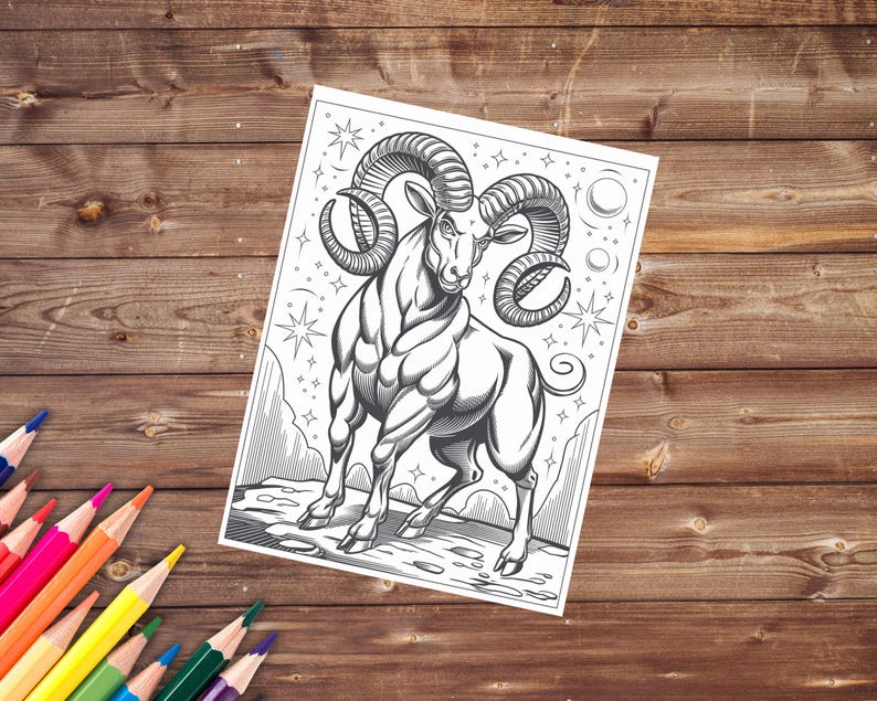 May include: A black and white line drawing of a ram with large horns standing on a rocky surface. The ram is surrounded by stars and crescent moons.