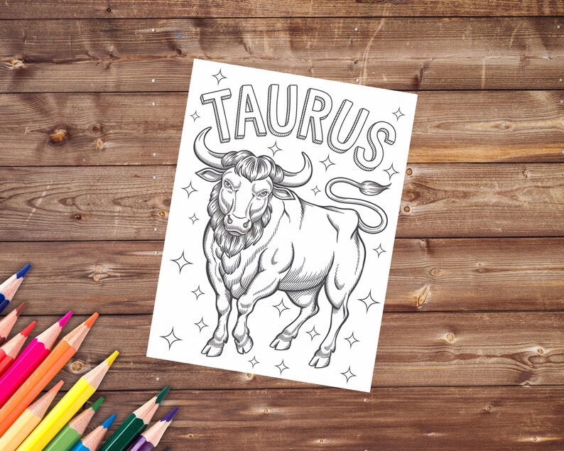 May include: A black and white line drawing of a bull with the word "TAURUS" in large letters above it. The bull is surrounded by small stars.