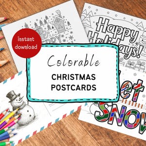 Printable Christmas Coloring Postcards, DIY Holiday Cards with Stamps, Fun Christmas Activity, Personalized Gift, Instant Download