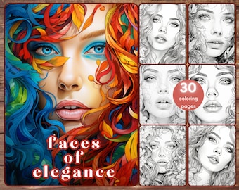 Livre de coloriage 30 visage de femme, coloriage de visage fantastique en niveaux de gris pour adultes et enfants, visages élégants, beaux visages, PDF imprimable