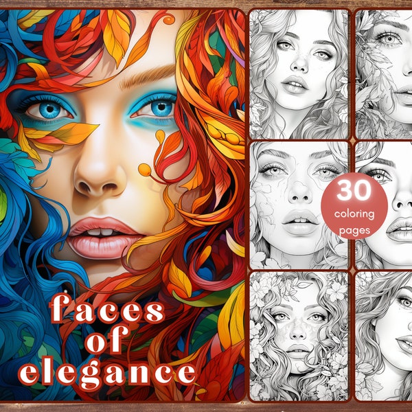 Livre de coloriage 30 visage de femme, coloriage de visage fantastique en niveaux de gris pour adultes et enfants, visages élégants, beaux visages, PDF imprimable