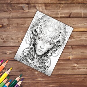 May include: A black and white detailed line drawing of a woman's face with intricate, mechanical details surrounding her head.