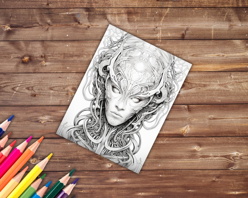 May include: A black and white detailed line drawing of a woman's face with intricate, mechanical details surrounding her head.
