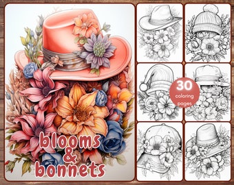 30 Hats and Flowers Coloring Book, Grayscale Floral Hats Coloring for Adults, Blooms and Bonnets, Printable PDF, Instant Download