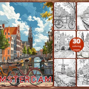 30 Amsterdam Coloring Book, Grayscale Netherlands Coloring Pages for Adults, Tulips, Travel Destinations, Printable PDF, Instant Download
