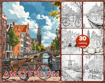 30 Amsterdam Coloring Book, Grayscale Netherlands Coloring Pages for Adults, Tulips, Travel Destinations, Printable PDF, Instant Download