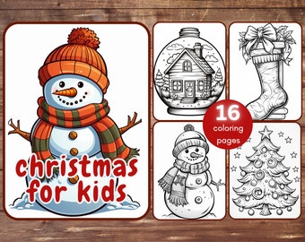 16 Christmas Coloring Book, Christmas Coloring for Kids, Christmas Tree, Snowman, Christmas Ornaments, Christmas Cookies, Grayscale Coloring