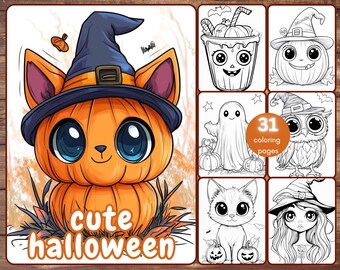 31 Cute Kawaii Halloween Coloring Book, Simple Cozy Halloween Coloring Pages for Adults and Kids, Pumpkins, Printable PDF, Instant Download