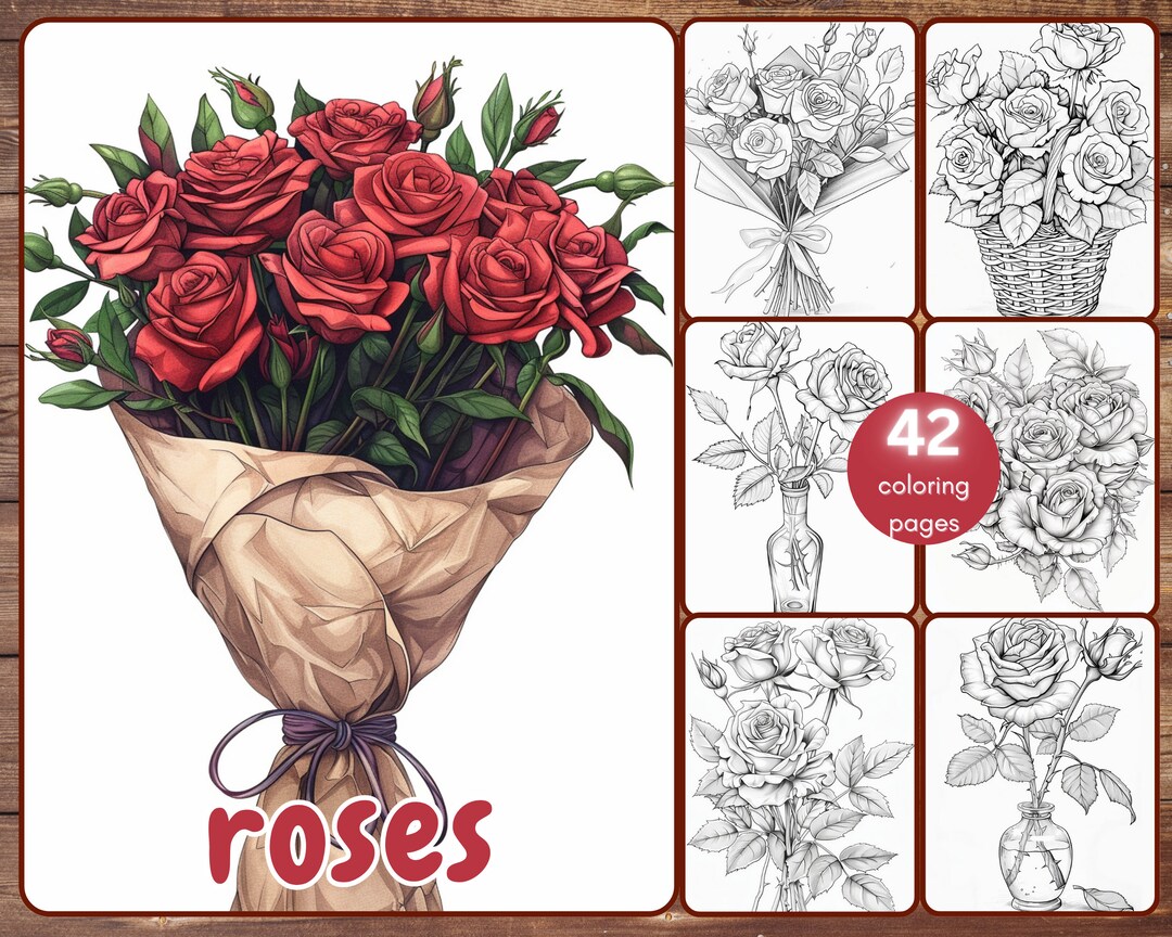 42 Roses 42 Roses Coloring Book, Grayscale Rose Bouquet Coloring Pages for ...