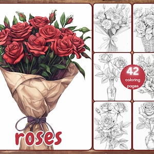 42 Roses Coloring Book, Grayscale Rose Bouquet Coloring Pages for Adults and Kids, Petals, Floral, Romantic, Printable PDF