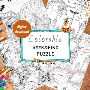 May include: A collection of Halloween-themed coloring pages with a "Seek & Find Puzzle" design. The pages feature illustrations of a haunted graveyard, a Ferris wheel, and a pumpkin wearing a witch hat. Colored pencils are visible in the image.