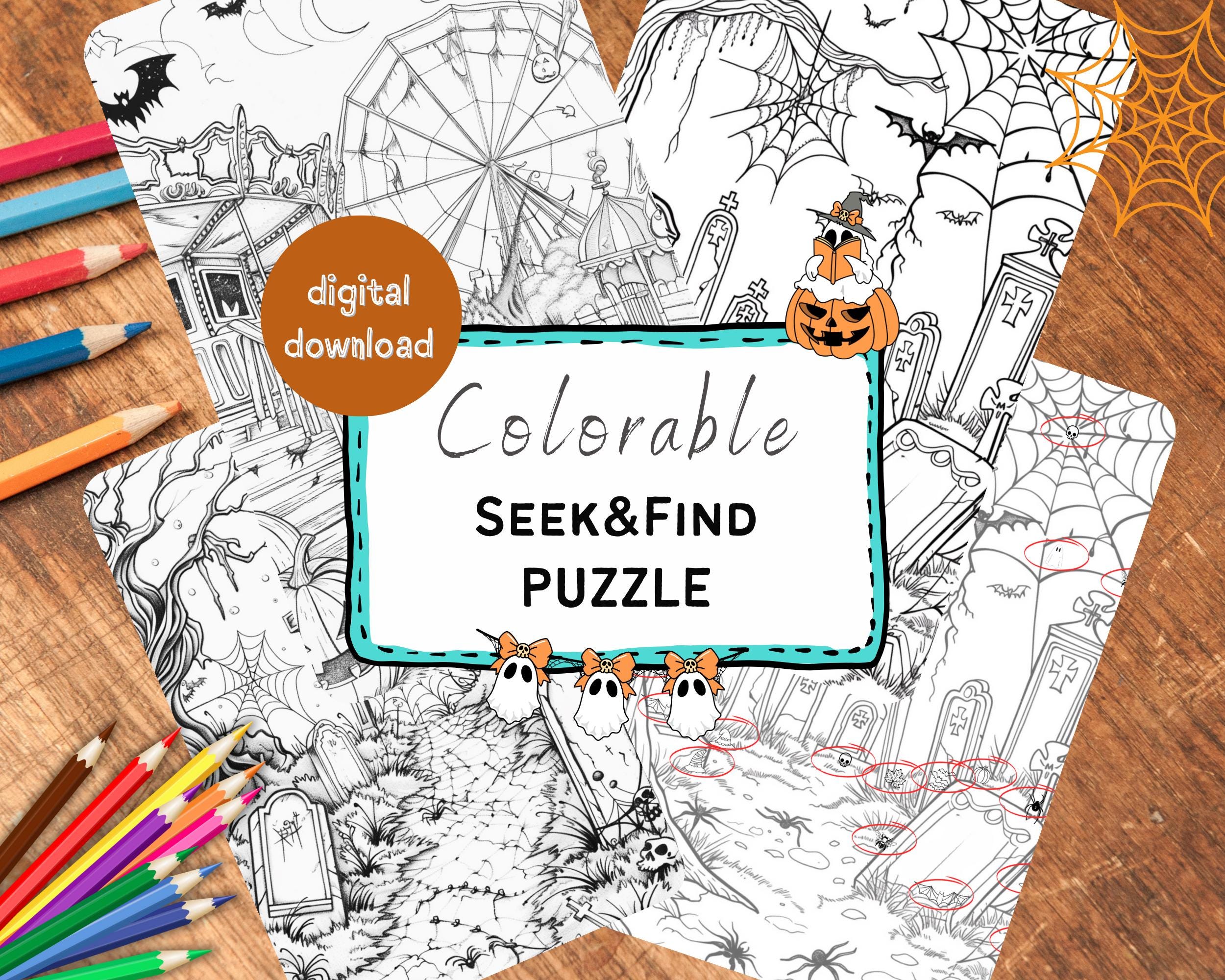 Colorable Halloween Hidden Objects Puzzle, Printable Seek and Find Game ...