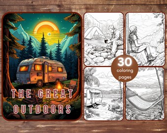 May include: A coloring book with 30 pages featuring illustrations of camping and the great outdoors. The cover shows a vintage camper van parked in a forest with a campfire in front of it. The text "THE GREAT OUTDOORS" is printed on the cover.
