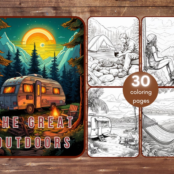 30 The Great Outdoors Coloring Book, Grayscale Camping Coloring Pages, Hiking, Campervan, Adventure, Outdoor Activities, Printable PDF