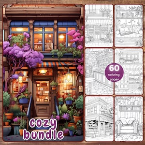 May include: A digital art print featuring a cozy shop with a wooden facade, blue awnings, and vibrant purple flowers. The image includes the text "cozy bundle" and a collection of 60 coloring pages with shop and cafe themes.