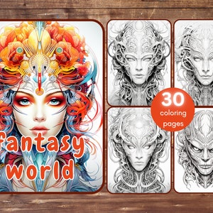 May include: A coloring book cover featuring a fantasy world theme with a colorful illustration of a woman with a crown of flowers and the text "fantasy world". The cover also shows four black and white illustrations of fantasy creatures. The text "30 coloring pages" is also included on the cover.