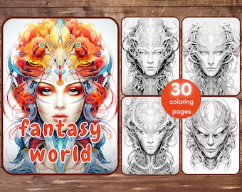 30 Fantasy World Coloring Book, Grayscale Futuristic Robot Coloring Pages for Adults, Sci-Fi, Printable PDF, Instant Download