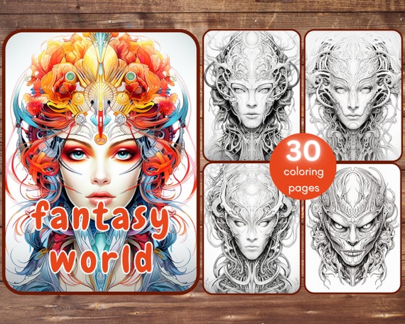 30 Fantasy World Coloring Book, Grayscale Futuristic Robot Coloring Pages for Adults, Sci-Fi, Printable PDF, Instant Download