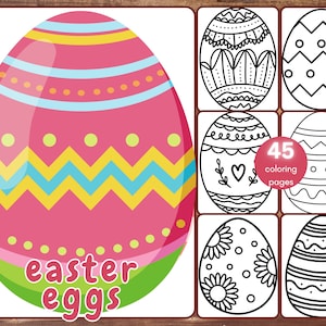 Könnte beinhalten: Ein Set mit 45 Malvorlagen mit Ostereiern in verschiedenen Mustern und Designs. Die Eier sind schwarz umrandet und bereit zum Ausmalen. Der Text "Easter eggs" steht unter dem Hauptbild.