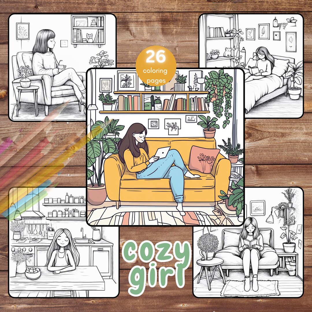 26 Cozy Girl Coloring Book, Easy Girl Coloring Pages, Cute Cozy Life ...